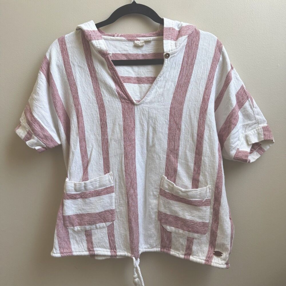 Roxy Wild & Free Poncho Baja Hoodie Short Sleeve Red White Striped Crop Top XS